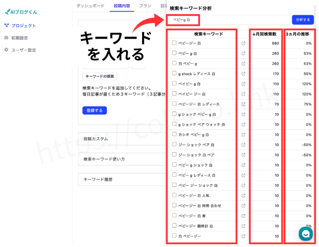 AIブログくんは全てのプランにキーワード分析機能を搭載しています。キーワードの月間検索数や、直近3ヵ月間の検索数の推移、関連ワードを簡単にチェックできます。