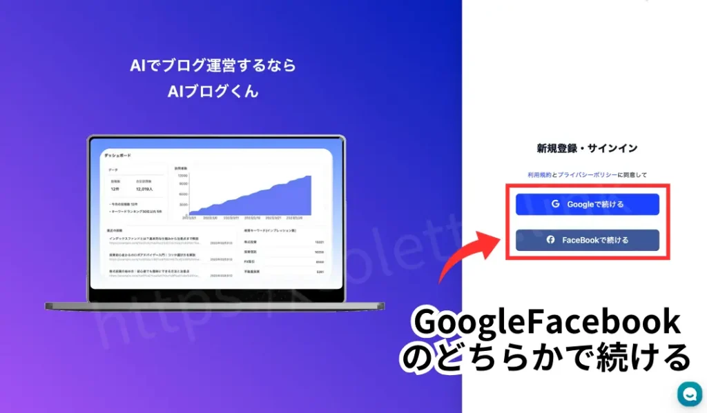 AIブログくん新規登録方法。GoogleかFaceBookのアカウントと連携して登録します。