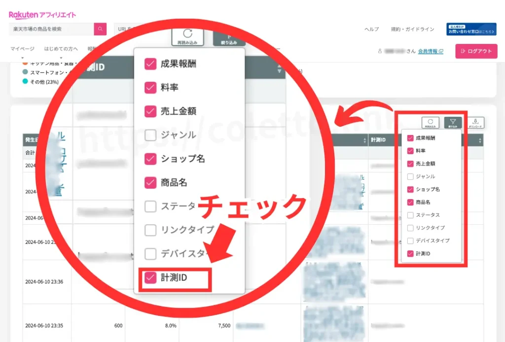 楽天アフィリエイト計測IDの設定、使い方。測定IDをカウントする方法。